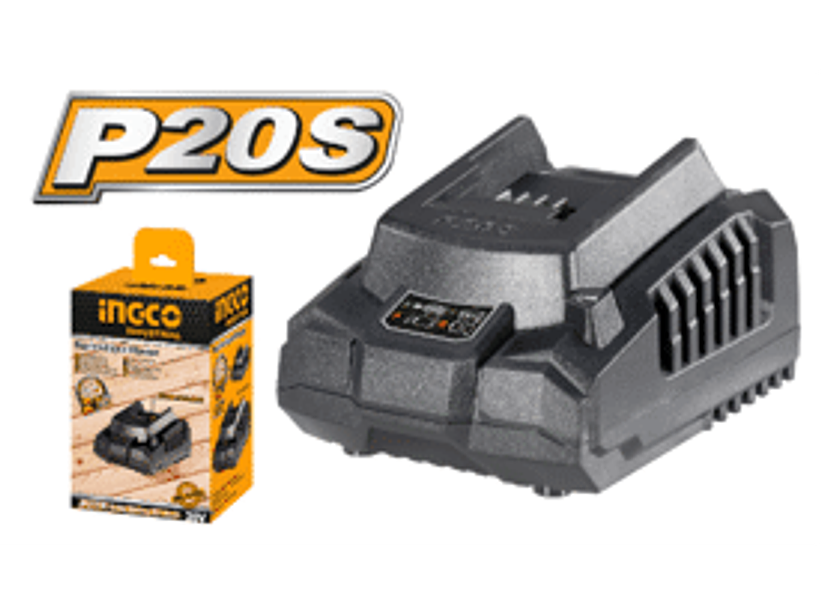 CARGADOR INGCO 20V CARGA 1 HORA Voltaje de entrada nominal: 110V-240V~50/60Hz Entrada nominal poder: 50W Voltaje de salida: 20V Corriente de carga: 2A Carga: Batería 20V 2