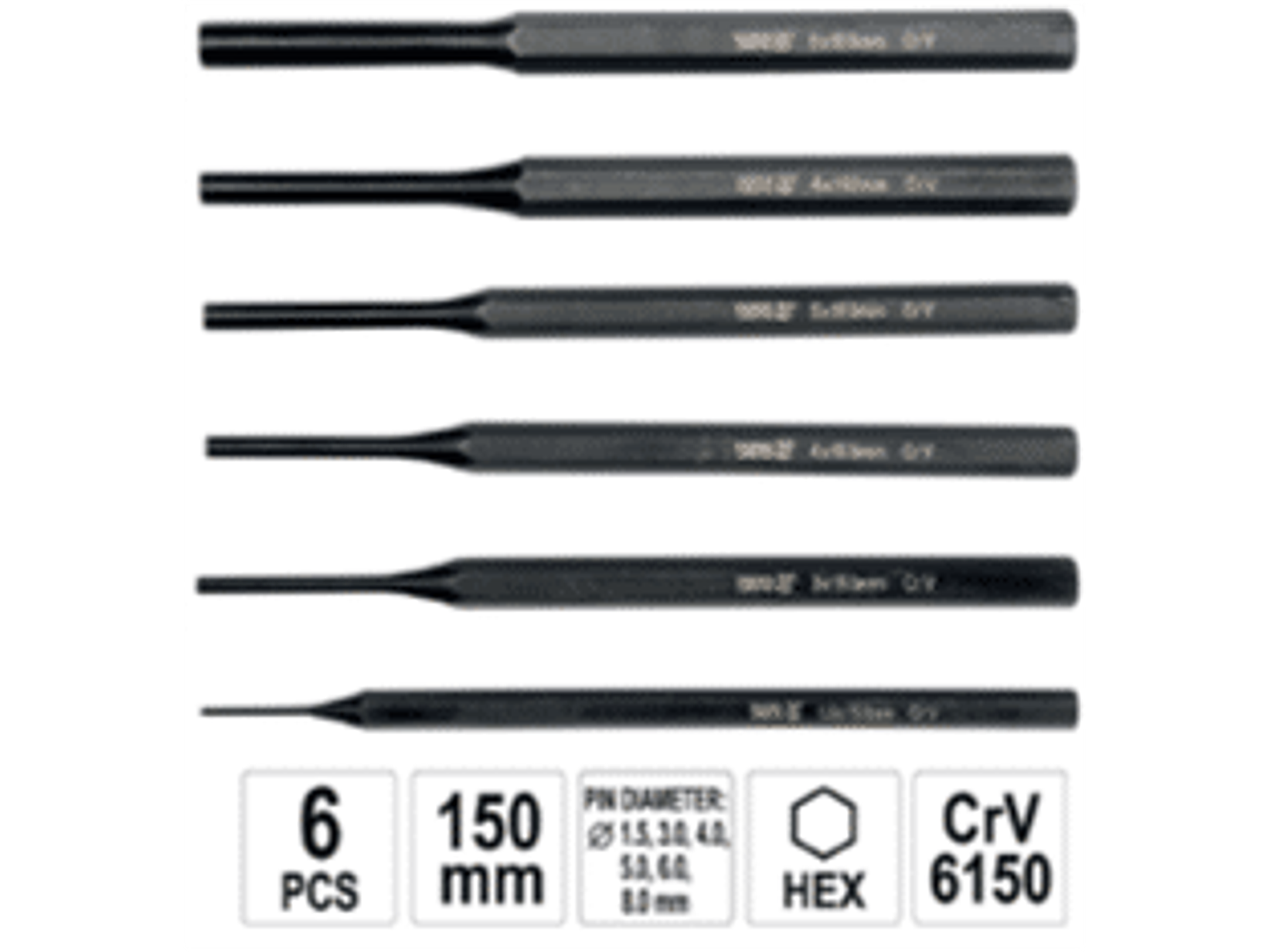 Set de 6 botadores. 150 mm largo.