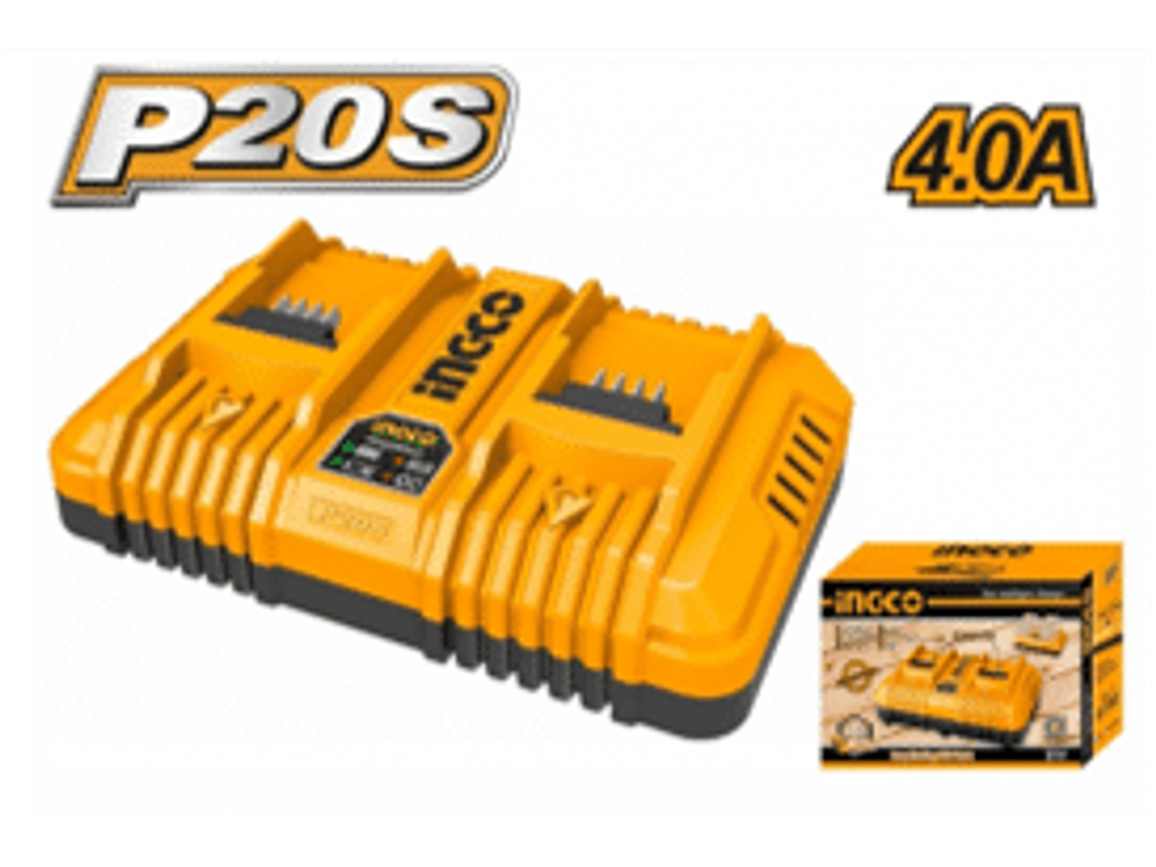 CARGADOR DOBLE 4AMP INGCO RAPIDO P/2 BAT 20V Voltaje de entrada nominal: 110V-240V~50/60Hz Corriente de carga: 4A Carga 20V 2