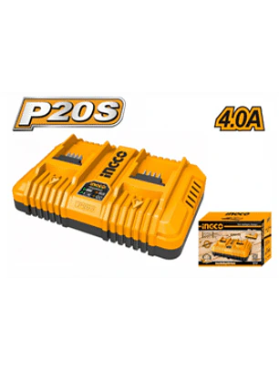 CARGADOR DOBLE 4AMP INGCO RAPIDO P/2 BAT 20V Voltaje de entrada nominal: 110V-240V~50/60Hz Corriente de carga: 4A Carga 20V 2