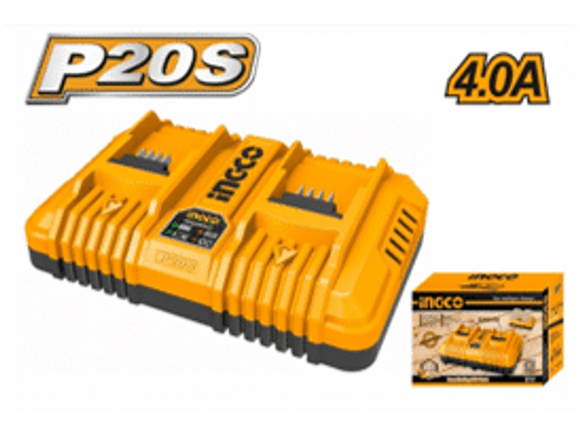 CARGADOR DOBLE 4AMP INGCO RAPIDO P/2 BAT 20V Voltaje de entrada nominal: 110V-240V~50/60Hz Corriente de carga: 4A Carga 20V 2