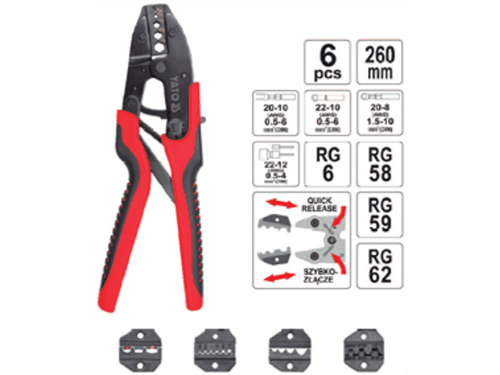 Jgo. Prensa terminales con matrices intercambiables, 6 pzas.