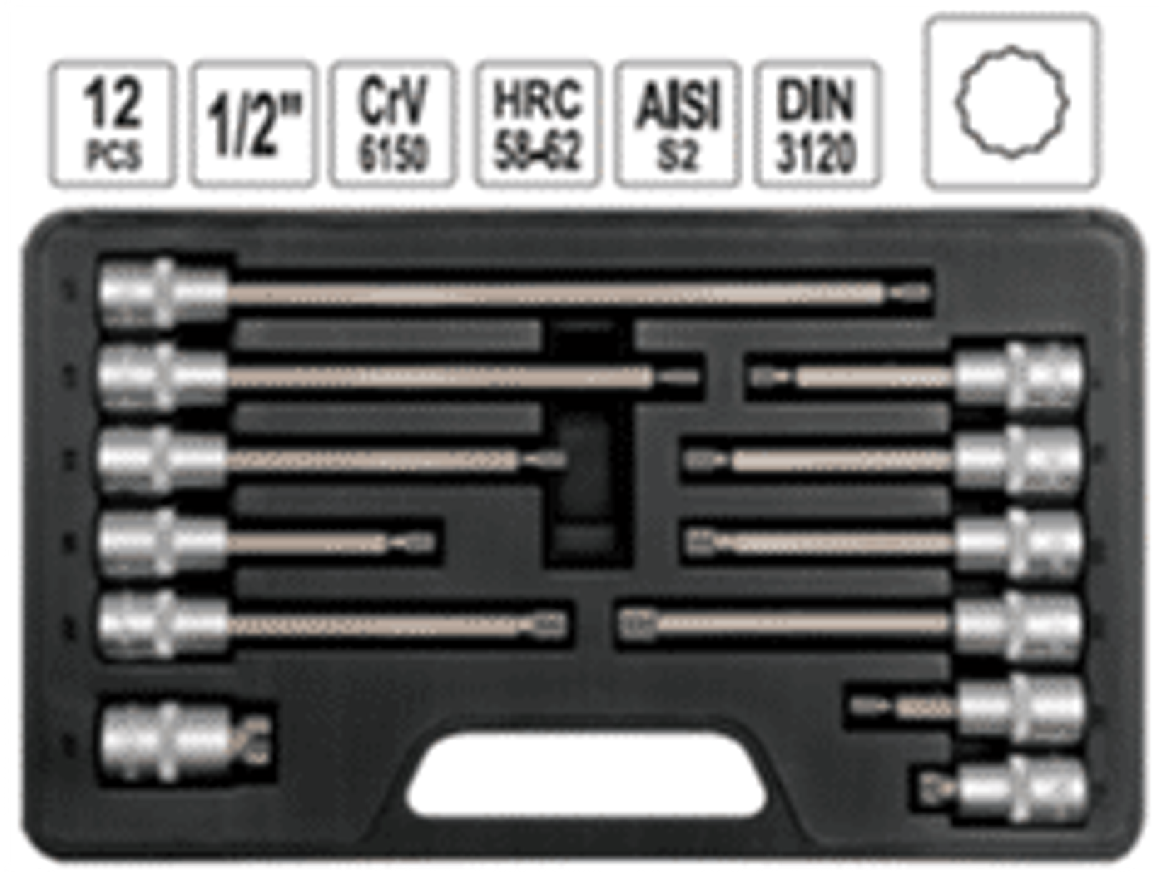 Set dados imbus (estriados o spline) 1/2”, 12 piezas