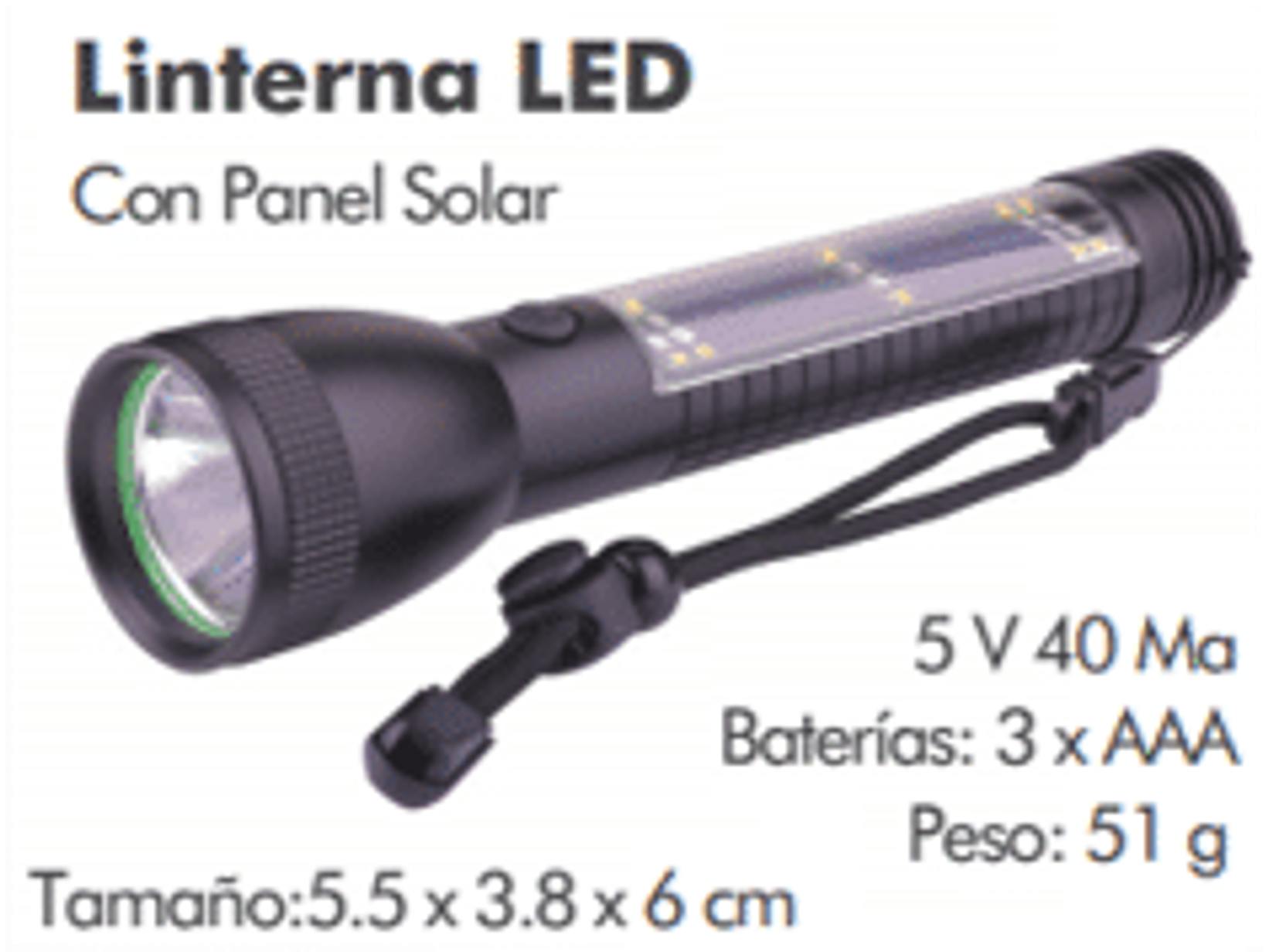 Linterna led recargable con panel solar y puerto USB