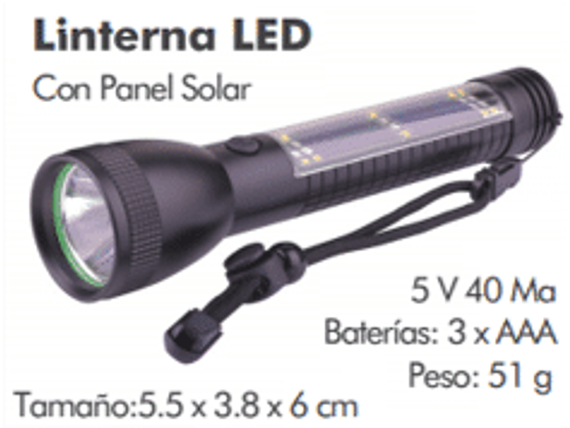 Linterna led recargable con panel solar y puerto USB