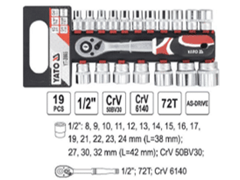 SET DE 19 PIEZAS, LLAVE CHICHARRA DE 1/2” + 18 DADOS
