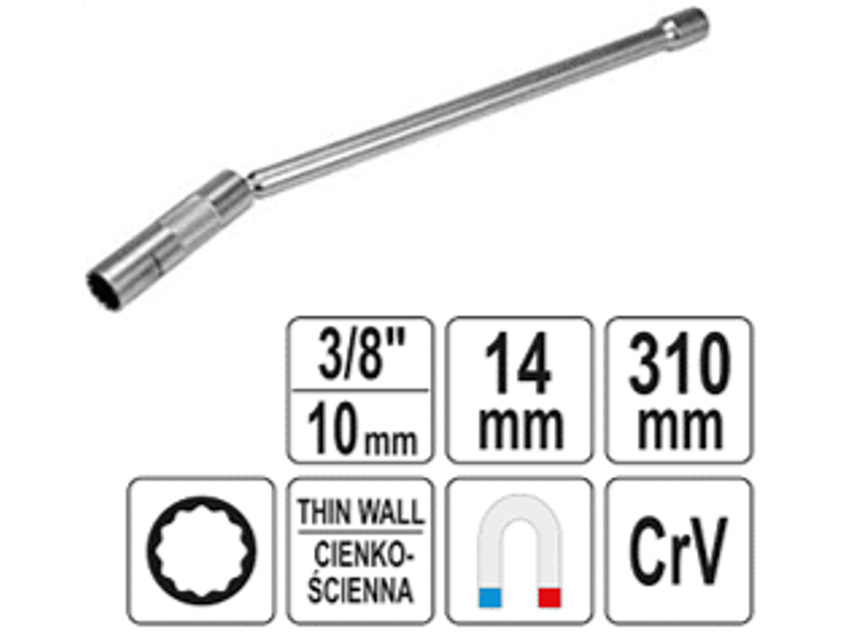 Dado largo poligonal articulado para bujías 3/8