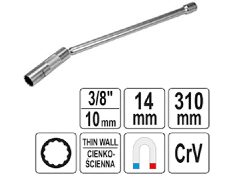Dado largo poligonal articulado para bujías 3/8