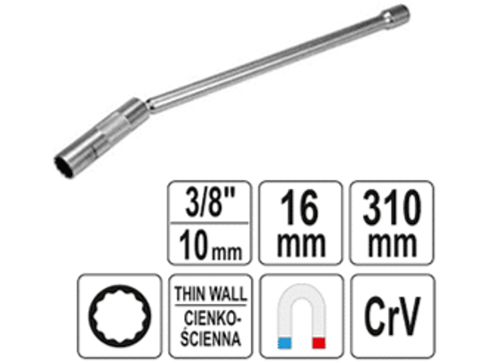 Dado largo poligonal articulado para bujías 3/8