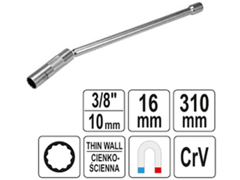 Dado largo poligonal articulado para bujías 3/8