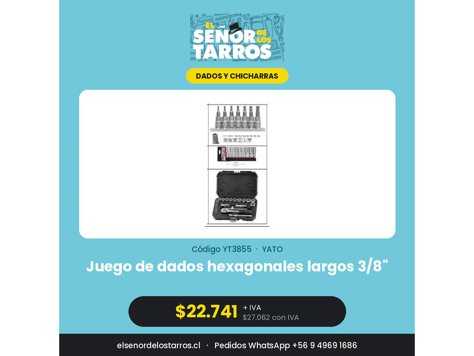 Juego de dados hexagonales largos 3/8