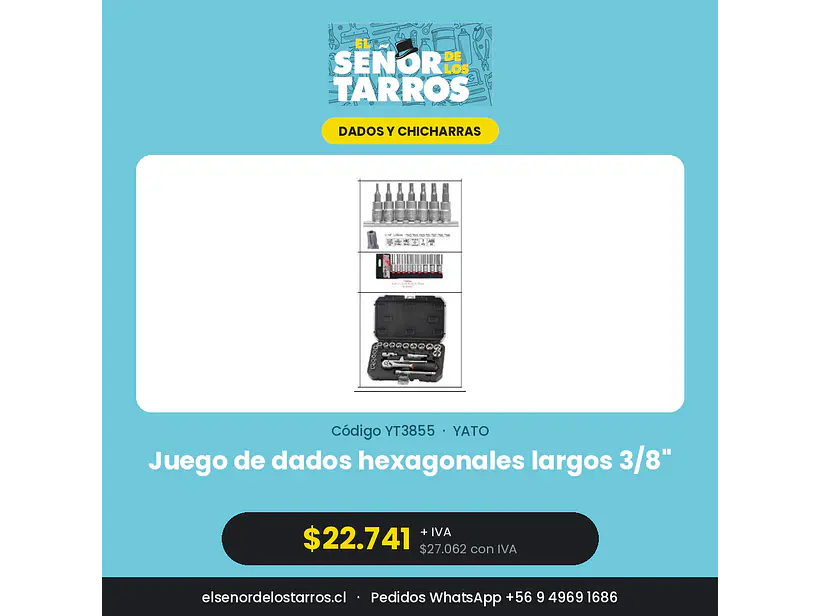 Juego de dados hexagonales largos 3/8