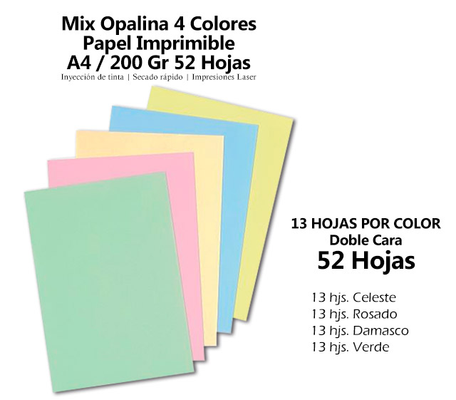 Mix Opalina 4 Colores Papel Imprimible A4 / 200 Gr 52 Hojas