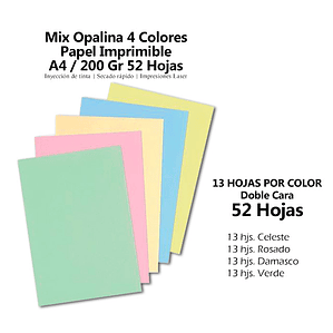 Mix Opalina 4 Colores Papel Imprimible A4 / 200 Gr 52 Hojas