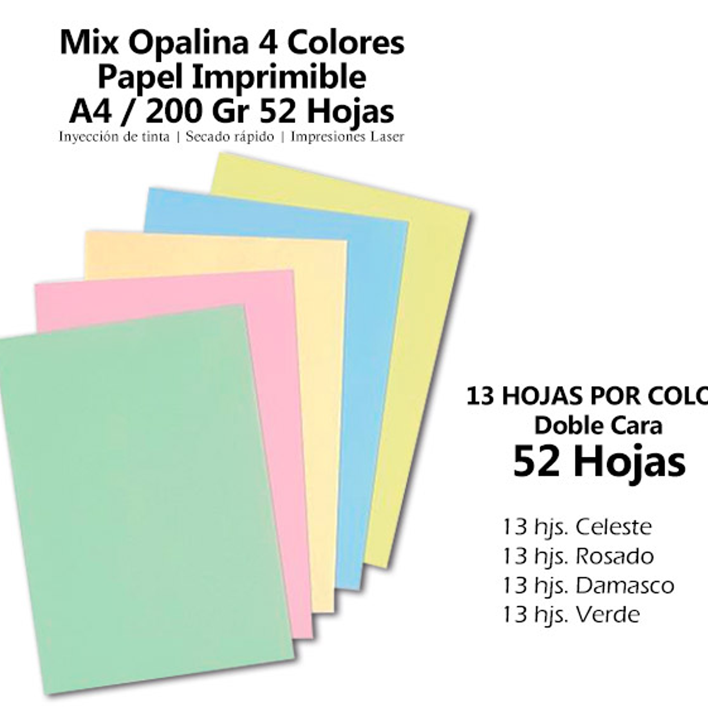 Mix Opalina 4 Colores Papel Imprimible A4 / 200 Gr 52 Hojas 1