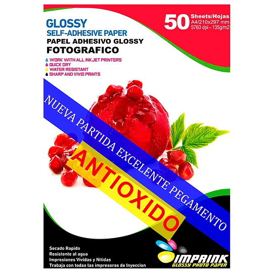 Papel Adhesivo Glossy A4 / 135g / 50 Hojas / Marca IMPRINK