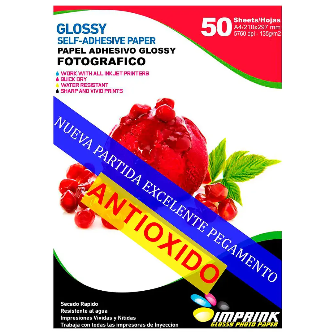 Papel Adhesivo Glossy A4 / 135g / 50 Hojas / Marca IMPRINK 1