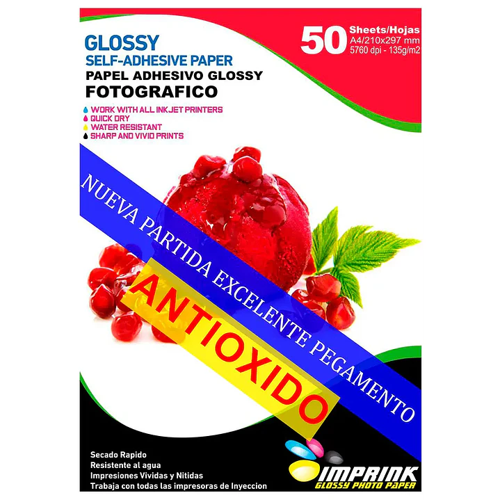 Papel Adhesivo Glossy A4 / 135g / 50 Hojas / Marca IMPRINK 1