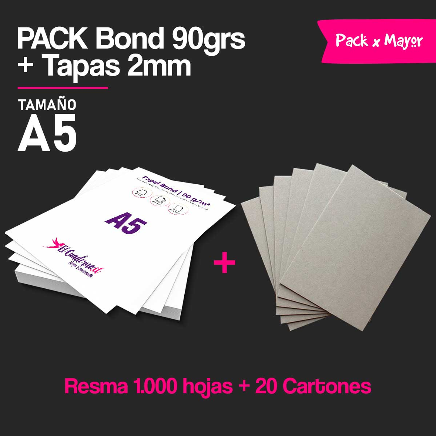 Pack A5 Mil hojas Bond 90grs + 20 Tapas por Mayor 1