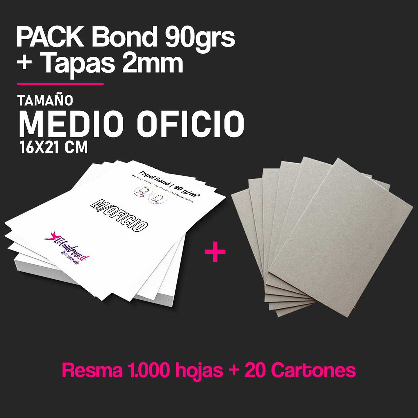 Pack Bond Medio Oficio 90grs Mil Hojas + 20 Tapas cartón Piedra 1
