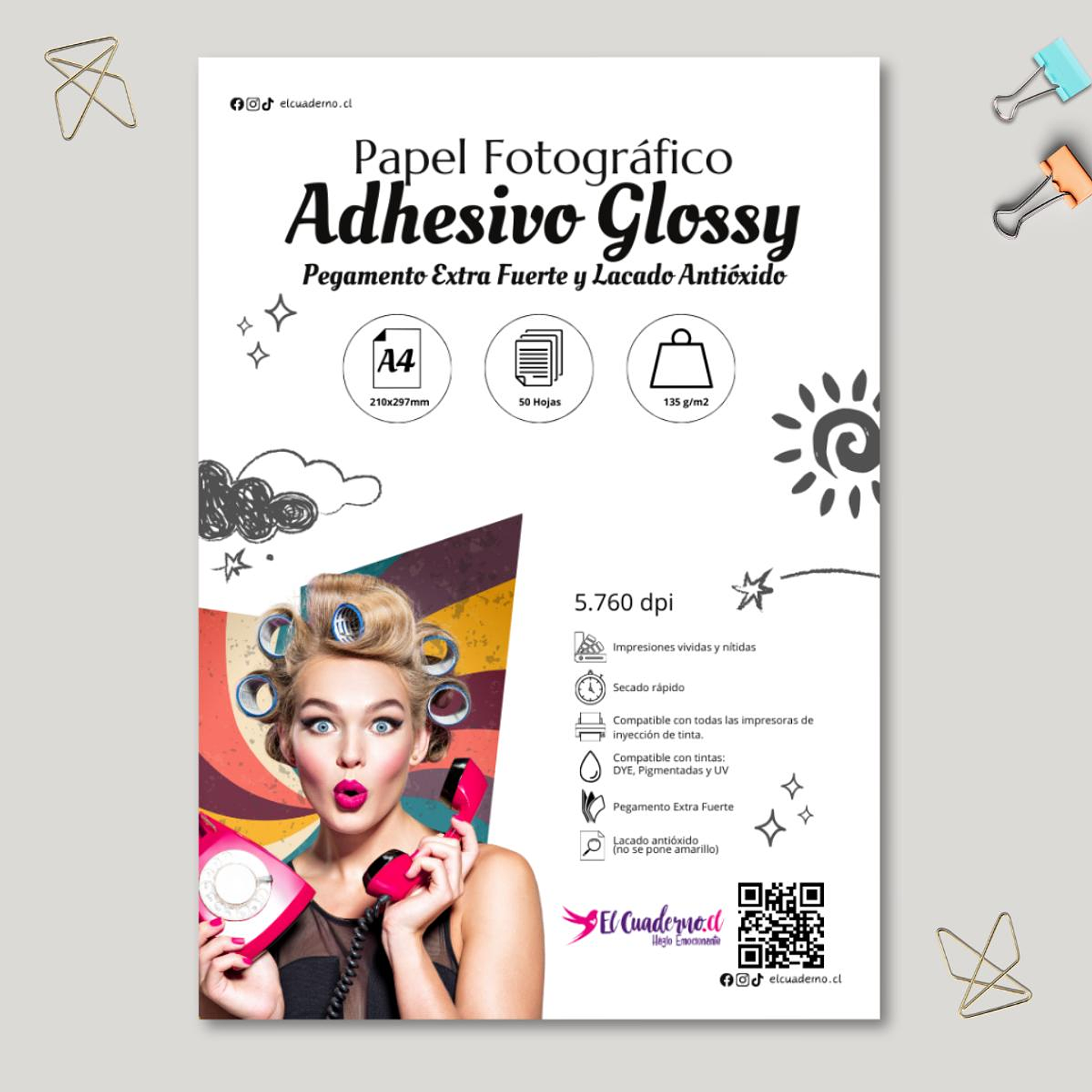 Papel Fotográfico Adhesivo Brillante A4 135g / 50 hojas (PEGAMENTO EXTRA FUERTE) 1