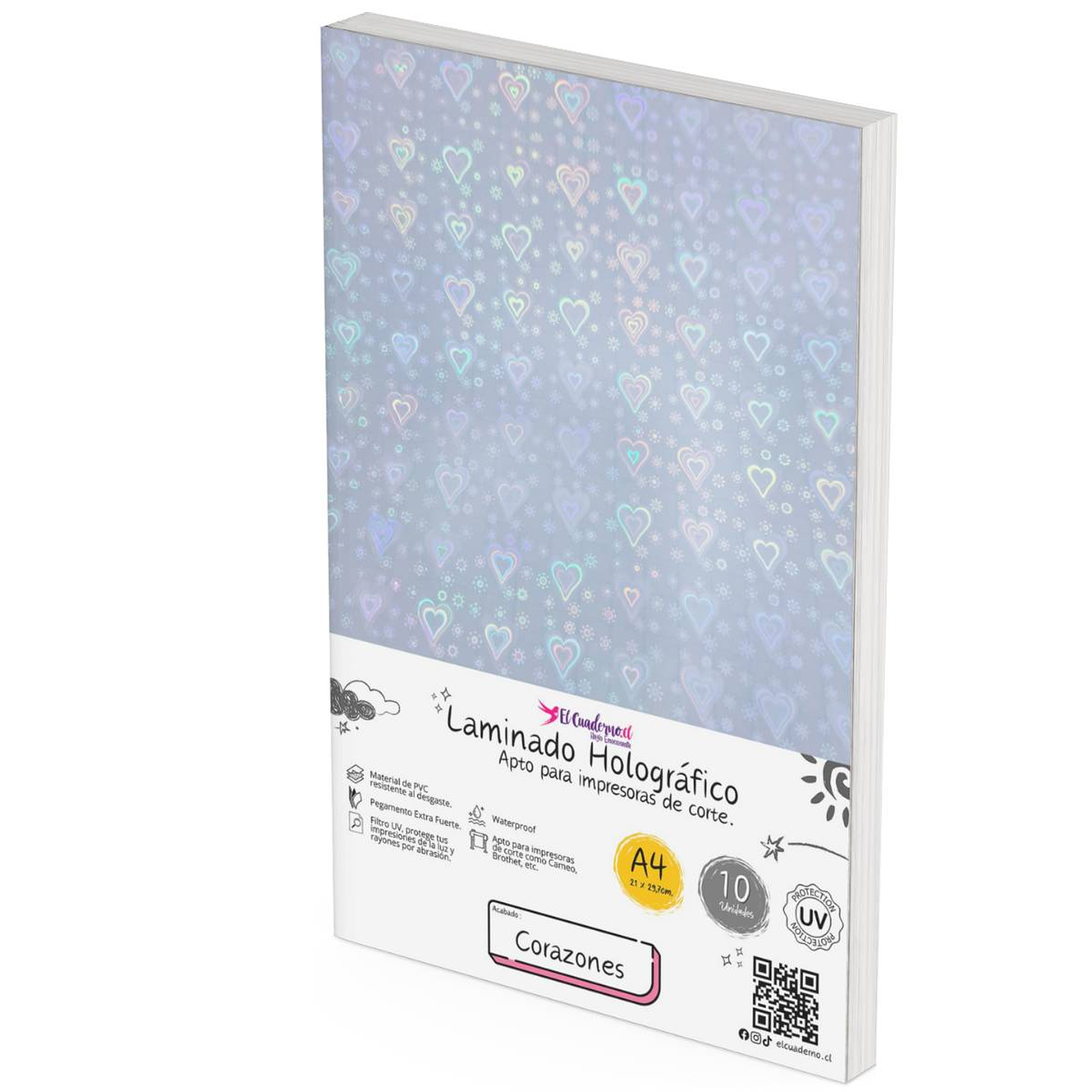 Laminado Holográfico CORAZONES, 10 hojas Tamaño A4 1