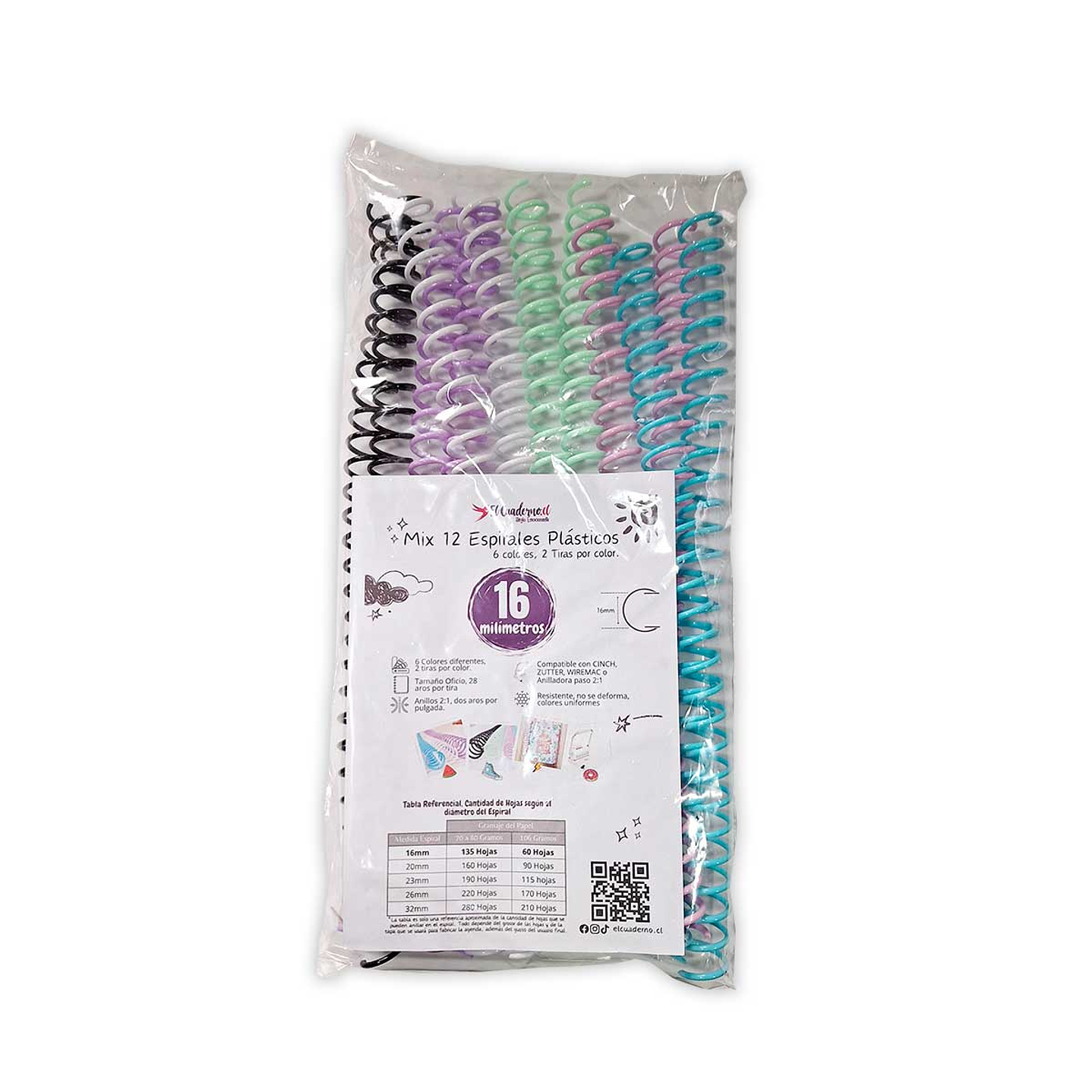 Set de Espirales Plásticos 16mm - Mix 6 Colores Pastel, Compatible con CINCH 2:1 1