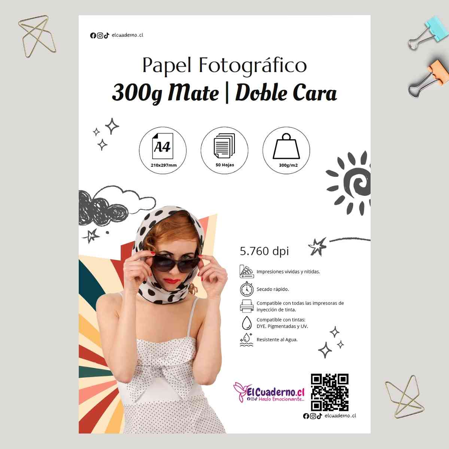 Papel Fotográfico Doble faz Mate A4 300g 50 hojas (Opalina Fotográfica) 1