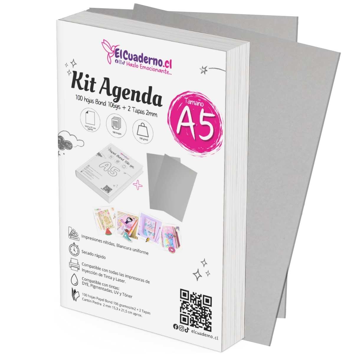 Pack agenda medio oficio 100 hojas 106gr mas 2 tapas de cartón piedra 1,5mm