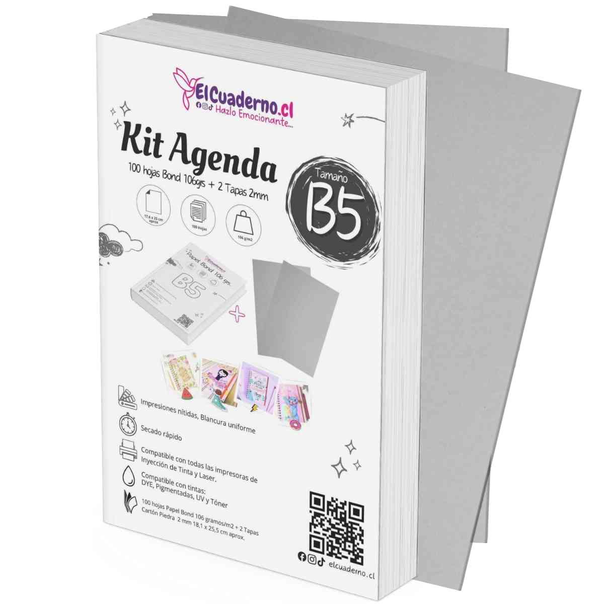Pack agenda B5 100 hojas 106gr mas dos tapas de cartón piedra 1,5mm