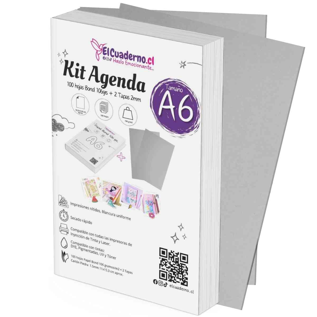 Kit Agenda A6 - 100 Hojas Bond 106grs + Tapas de Cartón Piedra