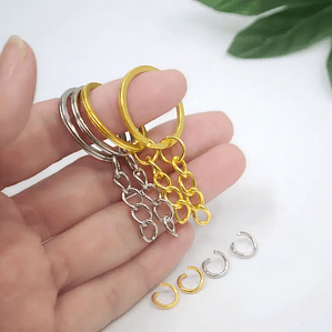Pack 50 Argollas Llavero 25 mm Dorado o Plateado con Cadena y Unión