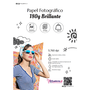 Papel Fotográfico Brillante A4 180gr / 100 hojas
