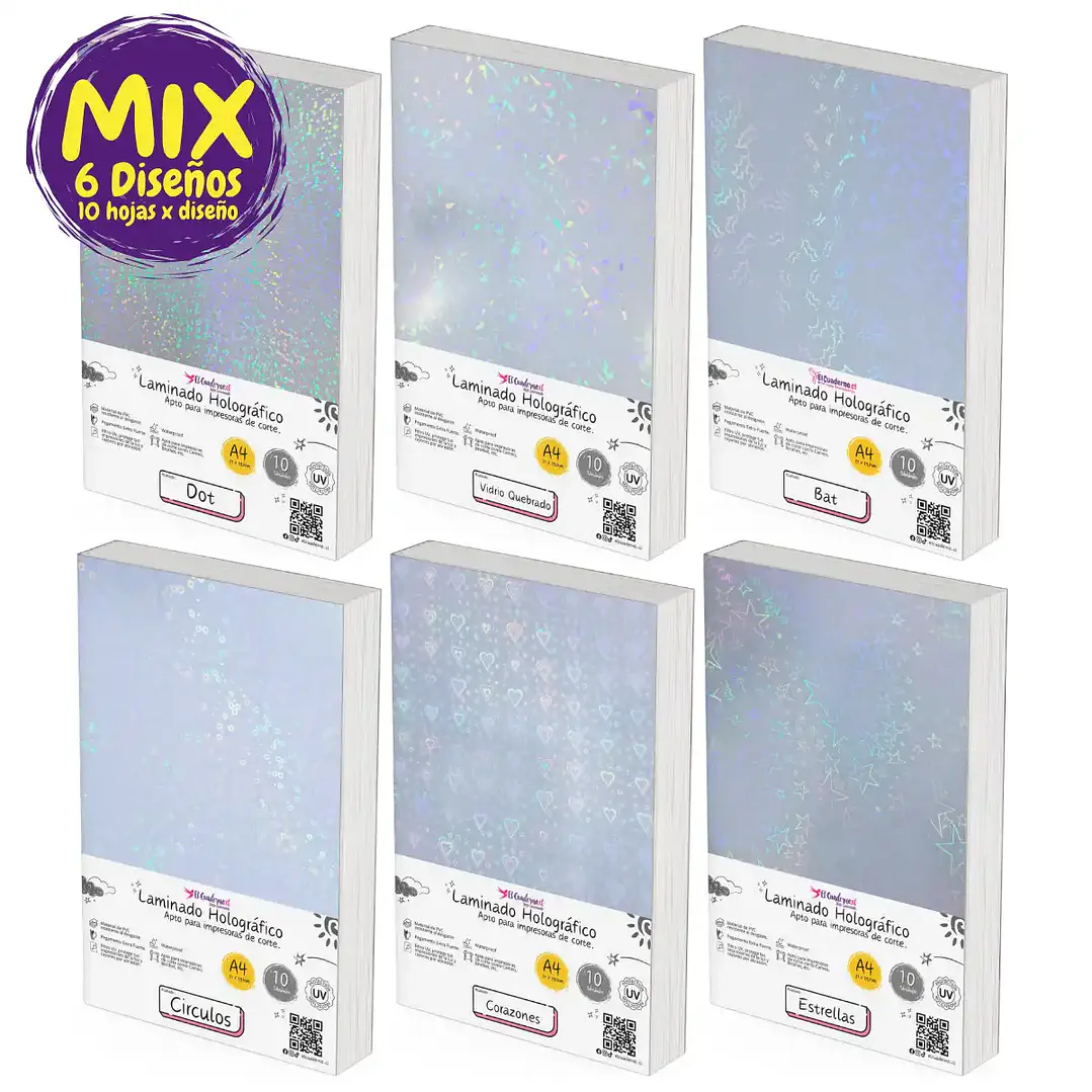 Mix 60 hojas Laminado Holográfico Frio 6 Diseños Transparentes 1