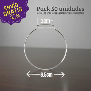 Pack 50 Medallas Acrílico Transparente 6,5cm Personalizable - Envío Gratis