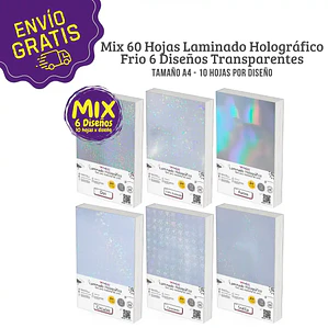 Mix 60 hojas Laminado Holográfico Frio 6 Diseños Transparentes - Tamaño A4 - Envío Gratis