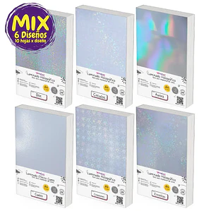 Mix 60 hojas Laminado Holográfico Frio 6 Diseños Transparentes - Tamaño A4
