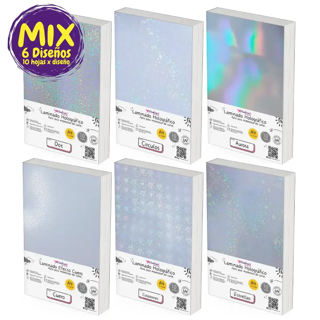 Mix 60 hojas Laminado Holográfico Frio 6 Diseños Transparentes - Tamaño A4 1