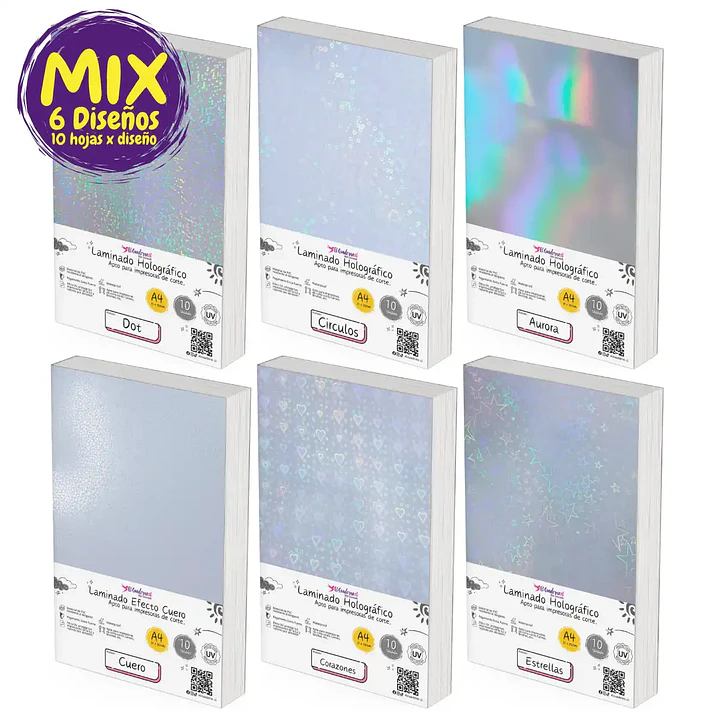 Mix 60 hojas Laminado Holográfico Frio 6 Diseños Transparentes - Tamaño A4 1