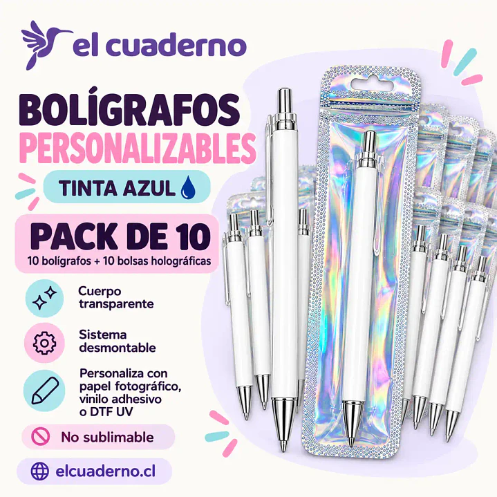 Bolígrafos Personalizables Tinta Azul + Bolsas Holográficas 1