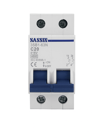 Interruptor Automático Riel Din 2X20A 6Ka Curva C Sassin 3