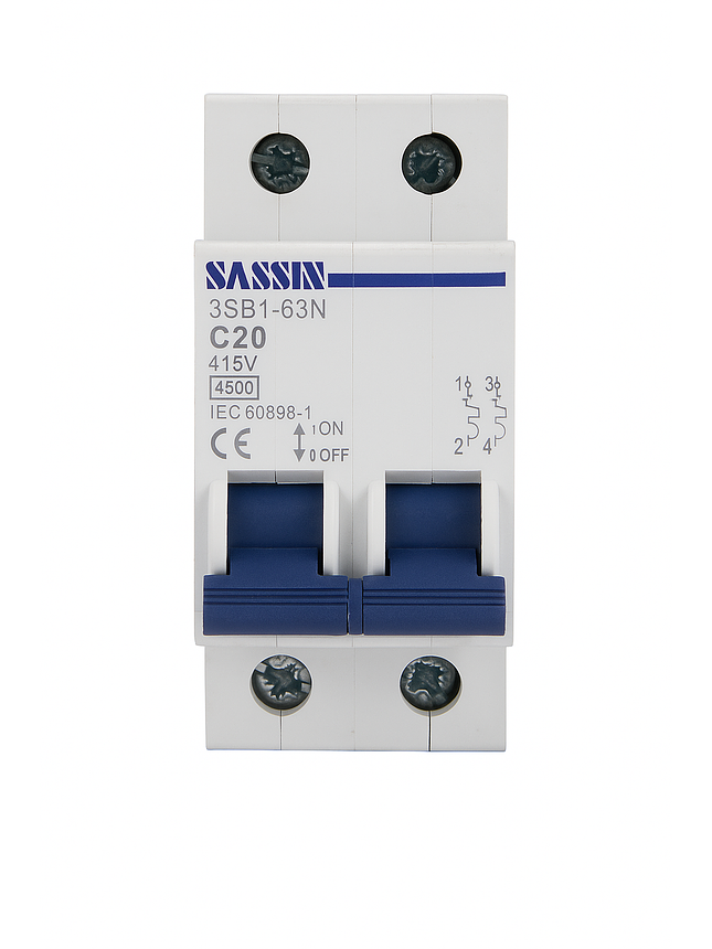 Interruptor Automático Riel Din 2X20A 6Ka Curva C Sassin 3