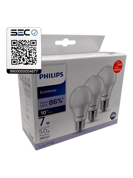 Pack 3 Ampolletas LED Philips 7W E27 Luz Fría 6500K 4