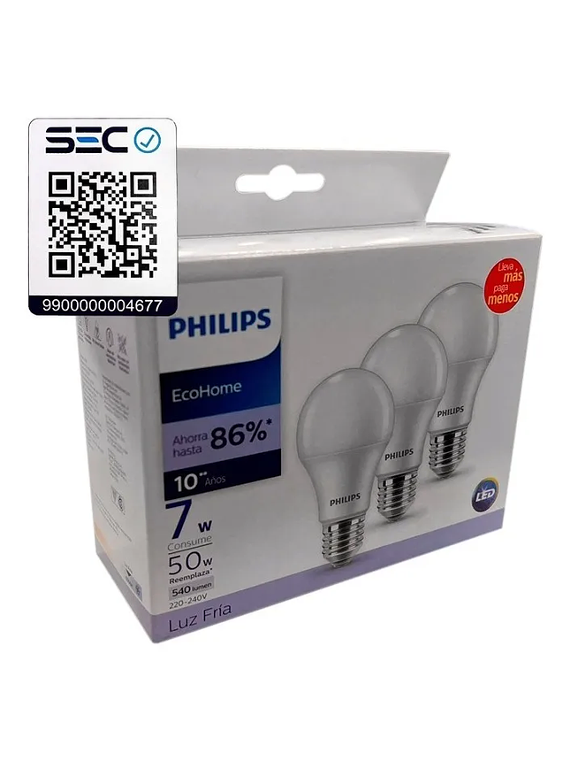Pack 3 Ampolletas LED Philips 7W E27 Luz Fría 6500K 4