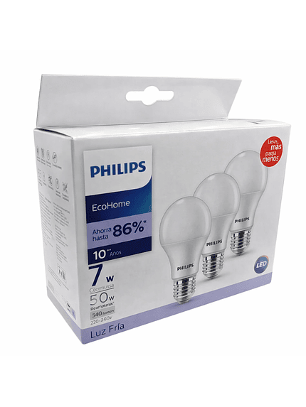 Pack 3 Ampolletas LED Philips 7W E27 Luz Fría 6500K 1