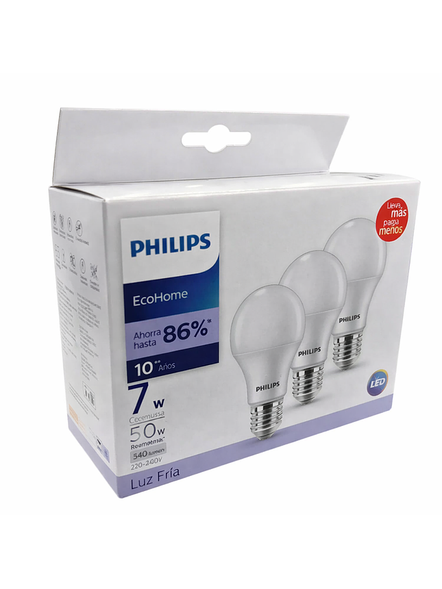 Pack 3 Ampolletas LED Philips 7W E27 Luz Fría 6500K 1