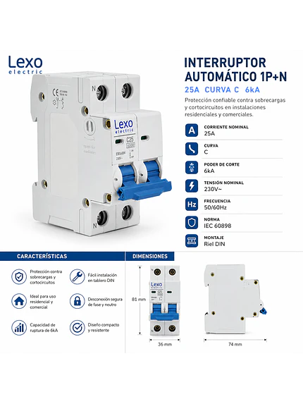 Interruptor Automático 1P+N 25A 6KA Curva C 2