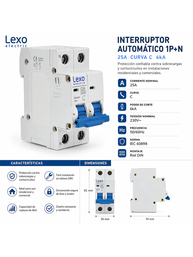 Interruptor Automático 1P+N 25A 6KA Curva C 2