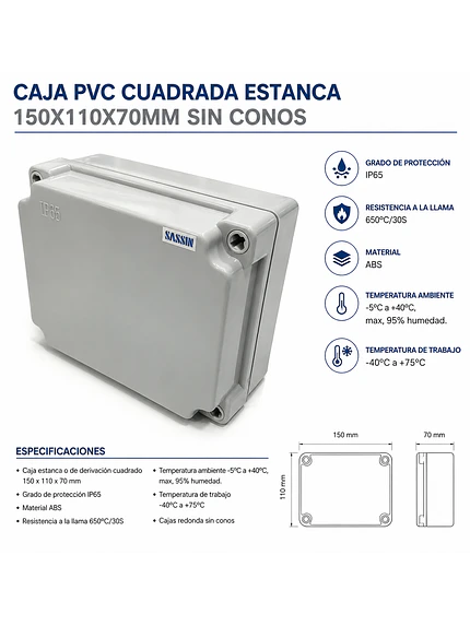 Caja PVC Estanca 150x110x70mm IP65 ABS 2