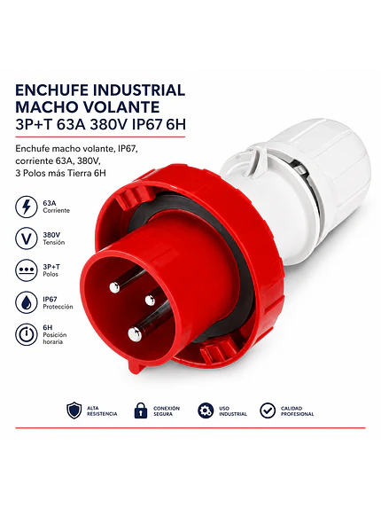 Enchufe Industrial Macho Volante 3p+t 63a 380v Ip67 6h 2
